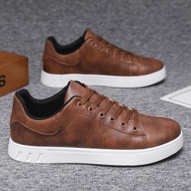 Men's Solid Lace-up Skateboard Shoes With PU Leather Uppers, Fashion Comfortable Non-slip Outdoor Shoes Walking Jogging Sneakers