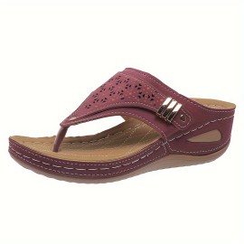 Women's Solid Color Thong Sandals, Slip On Soft Sole Platform Casual Slides, Buckle Belt Summer Wedge Slides