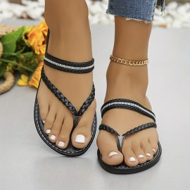 Women's Toe Loop Flat Sandals, Solid Color Ankle Buckle Strap Shoes, Casual Outdoor Beach Sandals