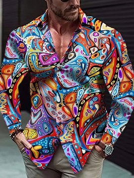 Men's Stylish Long Sleeve Button Up Shirt - Novelty Pattern for Spring, Fall, Festival, Carnival, Holiday