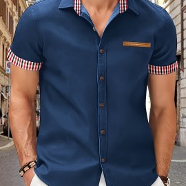 Checkered Men's Short Sleeve Button Down Shirt With Fake Chest Pocket, Summer Outdoor Men's Leisurewear