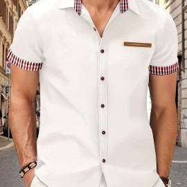 Checkered Men's Short Sleeve Button Down Shirt With Fake Chest Pocket, Summer Outdoor Men's Leisurewear