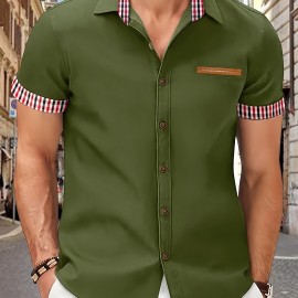 Checkered Men's Short Sleeve Button Down Shirt With Fake Chest Pocket, Summer Outdoor Men's Leisurewear