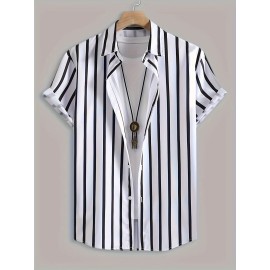 Men's Stylish Stripe Print Short Sleeve Shirt - Casual and Breathable Summer Button Up