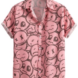 Cartoon Face Print Men's Casual Short Sleeve Shirt, Men's Shirt For Summer Vacation Resort