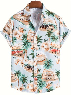 Retro Cat & Coconut Tree Print Men's Casual Short Sleeve Hawaiian Shirt, Men's Shirt For Summer Vacation Resort, Tops For Men, Gift For Men