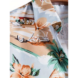 Retro Cat & Coconut Tree Print Men's Casual Short Sleeve Hawaiian Shirt, Men's Shirt For Summer Vacation Resort, Tops For Men, Gift For Men