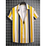 Color Block Stripe Pattern Print Men's Short Sleeve Button Up Lapel Shirt For Summer Resort Holiday, Hawaiian Style