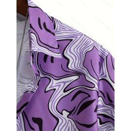 Men's Street Style Trendy Smile Face Pattern Short Sleeve Lapel Shirt for Summer Outdoor Wear