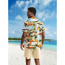 Men's Beach Scenery Button Up Short Sleeve Hawaiian Shirt For Summer, Vacation Resort, Men's Shirt