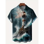 Men's Casual Short Sleeve Lighthouse Print Shirt - Perfect for Summer Vacation and Resort Wear