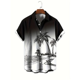 Anime Beach Pattern Men's Chic Gradient Short Sleeve Button Down Shirt, Summer Resort Vacation