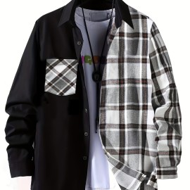 Men's Casual Plaid Pattern Color Block Button Up Shirt - Thin Long Sleeve with Chest Pocket for Summer, Spring, and Fall