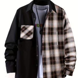 Men's Casual Plaid Pattern Color Block Button Up Shirt - Thin Long Sleeve with Chest Pocket for Summer, Spring, and Fall