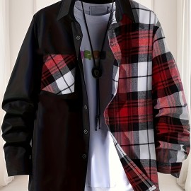 Men's Casual Plaid Pattern Color Block Button Up Shirt - Thin Long Sleeve with Chest Pocket for Summer, Spring, and Fall