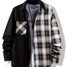 Men's Casual Plaid Pattern Color Block Button Up Shirt - Thin Long Sleeve with Chest Pocket for Summer, Spring, and Fall