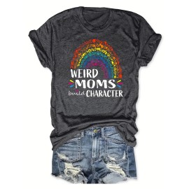 Rainbow & Moms Print T-Shirt, Casual Crew Neck Short Sleeve Top For Spring & Summer, Women's Clothing