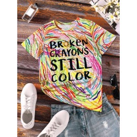 Broken Crayon Still Colorful Print T-shirt, Casual Short Sleeve Crew Neck Top For Spring & Summer, Women's Clothing