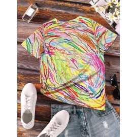 Broken Crayon Still Colorful Print T-shirt, Casual Short Sleeve Crew Neck Top For Spring & Summer, Women's Clothing