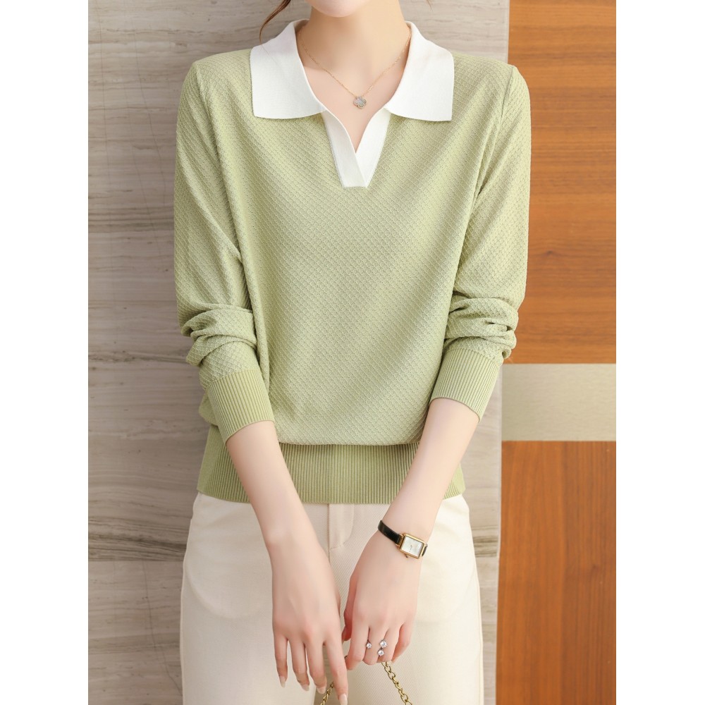 Elegant Polo Neck Top, Cool And Breathable Fabric, Long Sleeve Top For Spring & Fall, Women's Clothing