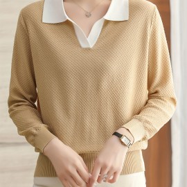 Elegant Polo Neck Top, Cool And Breathable Fabric, Long Sleeve Top For Spring & Fall, Women's Clothing