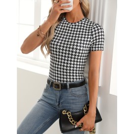 Plaid Print Mock Neck T-Shirt, Casual Short Sleeve T-Shirt For Spring & Summer, Women's Clothing