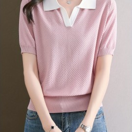 Solid Polo Neck T-Shirt, Casual Contrast Trim Short Sleeve T-Shirt For Spring & Summer, Women's Clothing