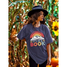 Colorful Letter & Book Print T-Shirt, Short Sleeve Crew Neck Casual Top For Spring & Summer, Women's Clothing