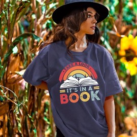 Colorful Letter & Book Print T-Shirt, Short Sleeve Crew Neck Casual Top For Spring & Summer, Women's Clothing