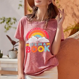 Colorful Letter & Book Print T-Shirt, Short Sleeve Crew Neck Casual Top For Spring & Summer, Women's Clothing