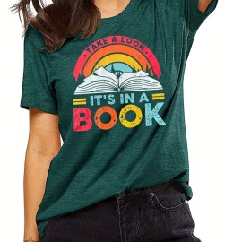 Colorful Letter & Book Print T-Shirt, Short Sleeve Crew Neck Casual Top For Spring & Summer, Women's Clothing