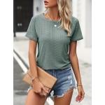 Eyelet Crew Neck T-Shirt, Casual Short Sleeve T-Shirt For Spring & Summer, Women's Clothing