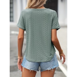 Eyelet Crew Neck T-Shirt, Casual Short Sleeve T-Shirt For Spring & Summer, Women's Clothing