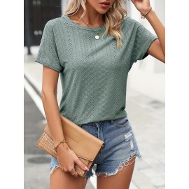 Eyelet Crew Neck T-Shirt, Casual Short Sleeve T-Shirt For Spring & Summer, Women's Clothing