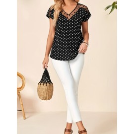 Polka-dot Print Mesh Splicing V-neck Top, Vintage Short Sleeve Top For Spring & Summer, Women's Clothing