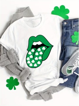 St. Patrick's Day Clover & Lips Print T-shirt, Casual Short Sleeve Crew Neck Top For Spring & Summer, Women's Clothing