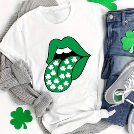 St. Patrick's Day Clover & Lips Print T-shirt, Casual Short Sleeve Crew Neck Top For Spring & Summer, Women's Clothing