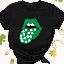 St. Patrick's Day Clover & Lips Print T-shirt, Casual Short Sleeve Crew Neck Top For Spring & Summer, Women's Clothing