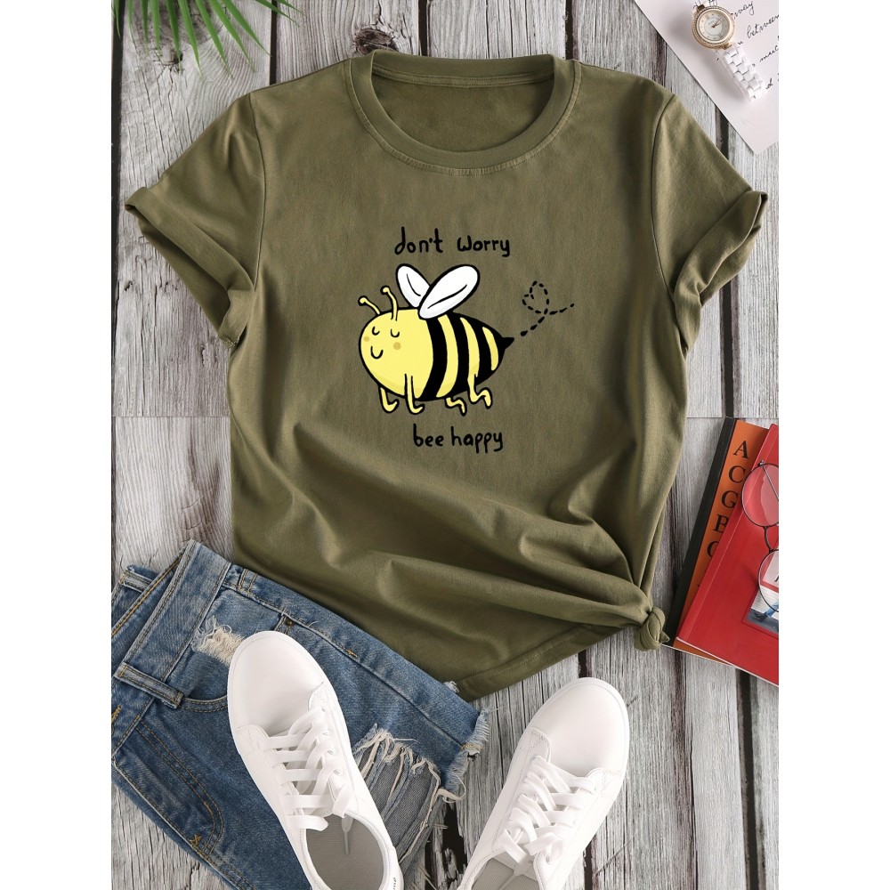 Cartoon Bee Print Crew Neck T-Shirt, Casual Short Sleeve T-Shirt For Spring & Summer, Women's Clothing