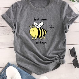 Cartoon Bee Print Crew Neck T-Shirt, Casual Short Sleeve T-Shirt For Spring & Summer, Women's Clothing