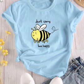 Cartoon Bee Print Crew Neck T-Shirt, Casual Short Sleeve T-Shirt For Spring & Summer, Women's Clothing