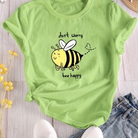 Cartoon Bee Print Crew Neck T-Shirt, Casual Short Sleeve T-Shirt For Spring & Summer, Women's Clothing