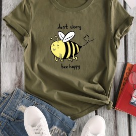 Cartoon Bee Print Crew Neck T-Shirt, Casual Short Sleeve T-Shirt For Spring & Summer, Women's Clothing