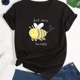 Cartoon Bee Print Crew Neck T-Shirt, Casual Short Sleeve T-Shirt For Spring & Summer, Women's Clothing