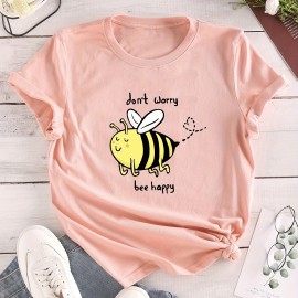 Cartoon Bee Print Crew Neck T-Shirt, Casual Short Sleeve T-Shirt For Spring & Summer, Women's Clothing