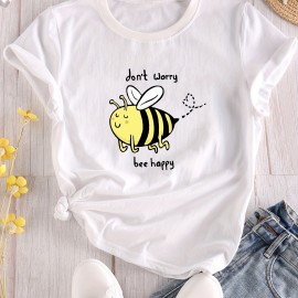 Cartoon Bee Print Crew Neck T-Shirt, Casual Short Sleeve T-Shirt For Spring & Summer, Women's Clothing