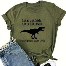 Dinosaur Print Crew Neck T-shirt, Casual Short Sleeve Top For Spring & Summer, Women's Clothing