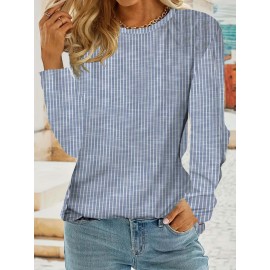 Striped Print Crew Neck T-shirt, Casual Long Sleeve T-shirt For Spring & Fall, Women's Clothing