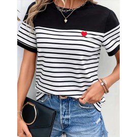 Heart & Striped Print Crew Neck T-Shirt, Casual Short Sleeve T-Shirt For Spring & Summer, Women's Clothing ,Valentine's Day