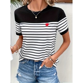 Heart & Striped Print Crew Neck T-Shirt, Casual Short Sleeve T-Shirt For Spring & Summer, Women's Clothing ,Valentine's Day